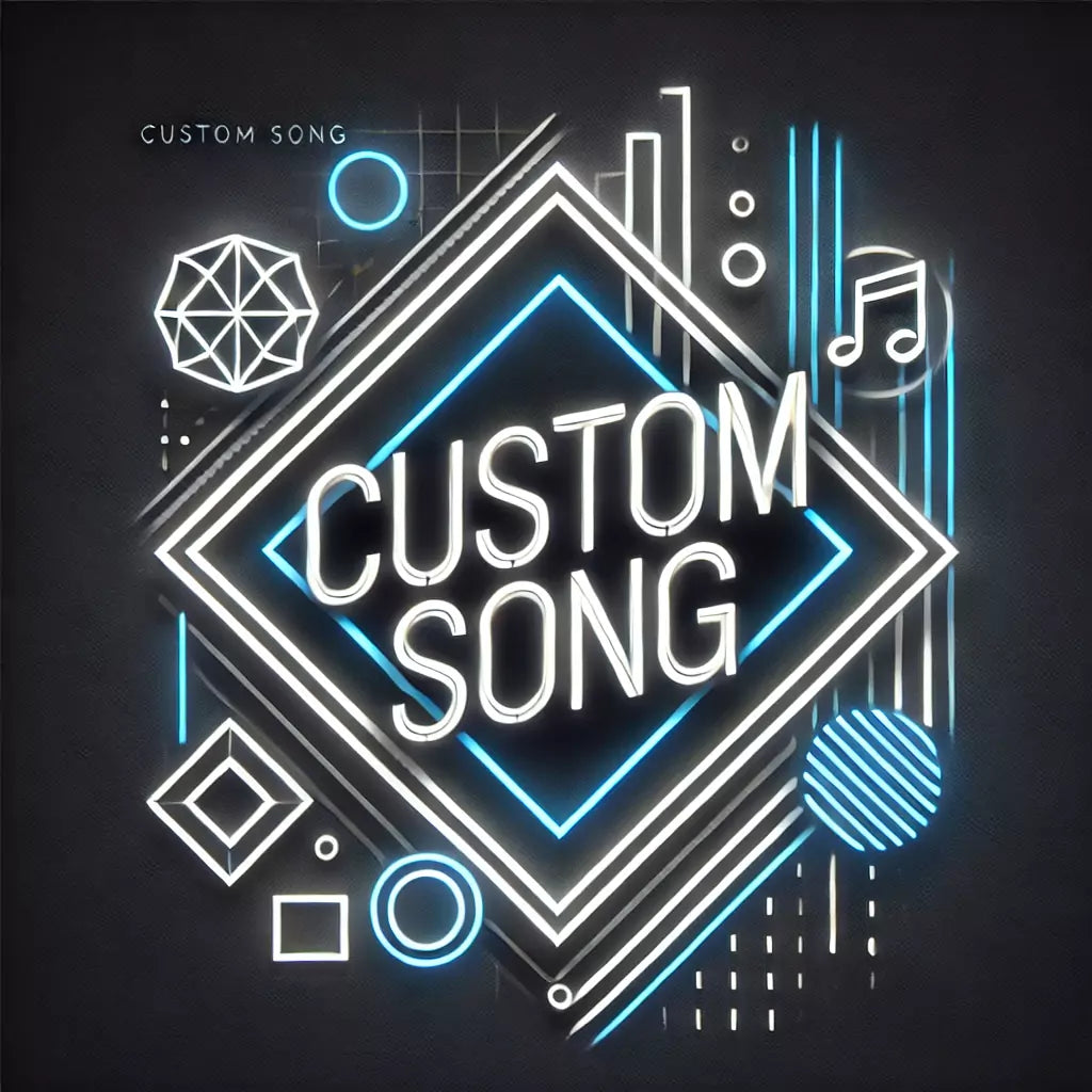 Futuristisches Neon-Design für Votarius mit der weißen Neon-Schrift 'Custom Song', umgeben von blauen und weißen geometrischen Formen. Der schwarze Hintergrund betont das moderne Konzept von Votarius, spezialisiert auf personalisierte Musik und Kunst.